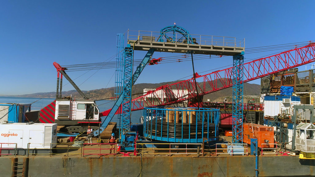 aerial drone shot of an offshore construction project in Los Angeles