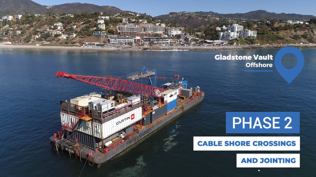 aerial of installation barge off of coast of california